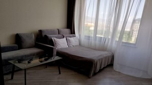 Una sala moderna con un sofá, una mesa de centro y una cama.