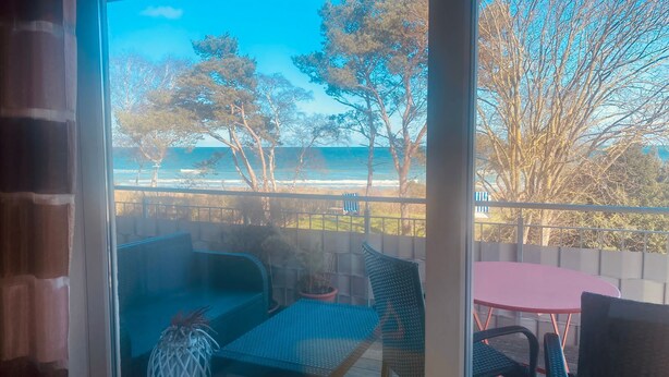 A balcony with wicker furniture, a potted plant, and a view of the ocean and trees. - House directly on the beach, behind the dune, sea view (Breege)