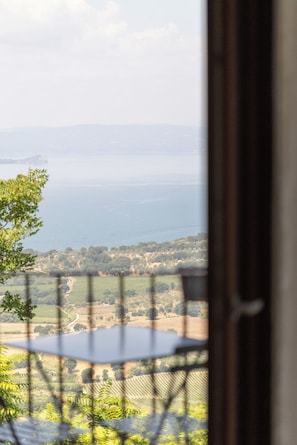 A view through a window with a metal grille, overlooking a coastal landscape with fields and a distant island. - TorripaCollection - Villa Falisca - Bolsena Lake (Montefiascone)