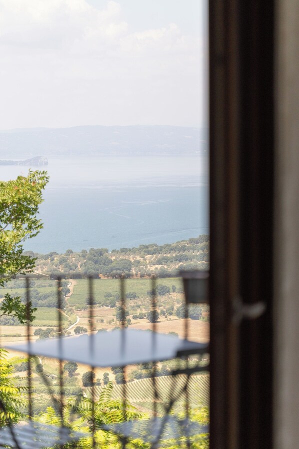A view through a window with a metal grille, overlooking a coastal landscape with fields and a distant island. - TorripaCollection - Villa Falisca - Bolsena Lake (Montefiascone)