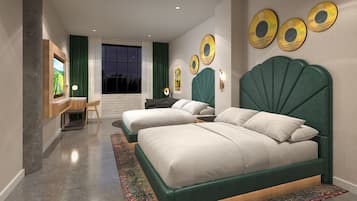 Un dormitorio moderno con dos camas, un ventanal grande y detalles decorativos en la pared.