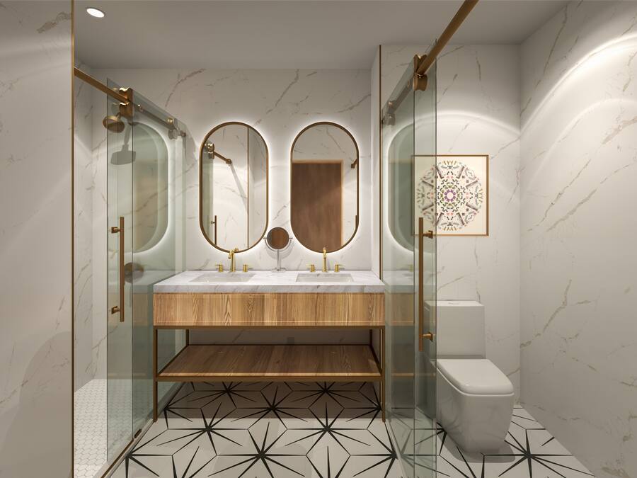 A modern bathroom with a glass-enclosed shower, a wooden vanity with two sinks, and a toilet.