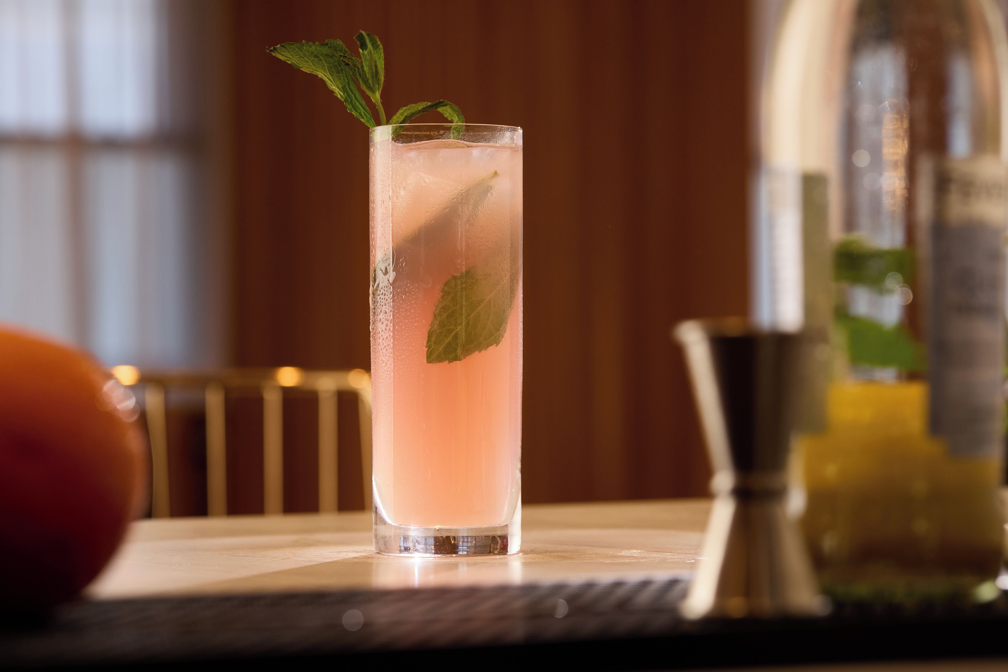 Un vaso alto con una bebida rosa, hojas de menta y cubitos de hielo.