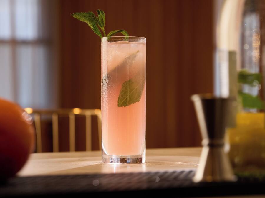 Un vaso alto con una bebida rosa, hojas de menta y cubitos de hielo.