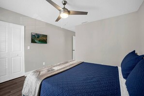 A bedroom with a bed, a ceiling fan, a painting on the wall, and a door. - Tampa's Peaceful Retreat (Tampa)