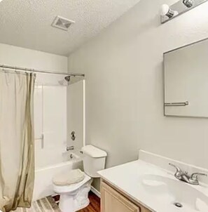 Hair dryer, towels, soap, toilet paper
