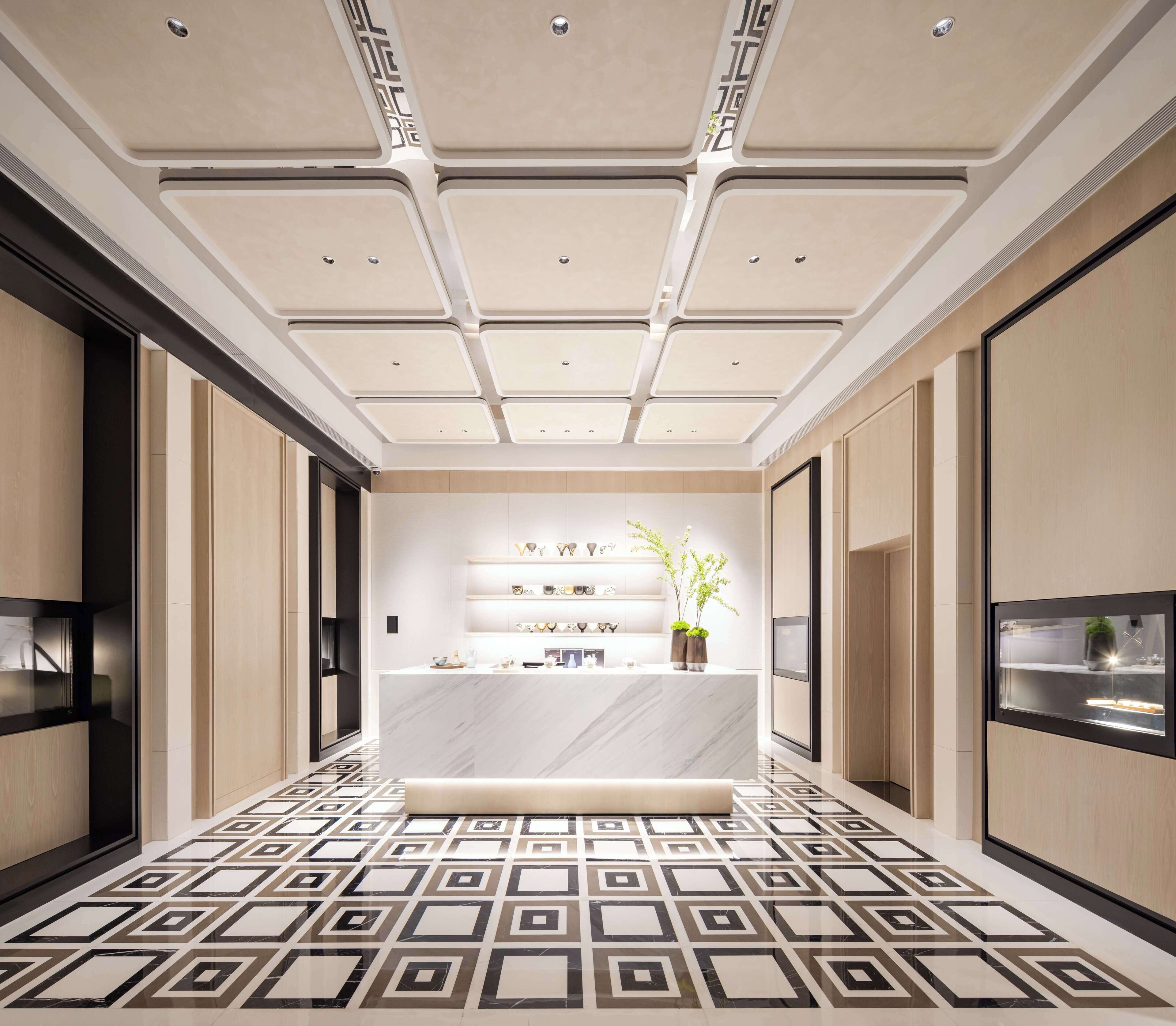 A modern reception area with a marble counter, a potted plant, and a patterned floor.