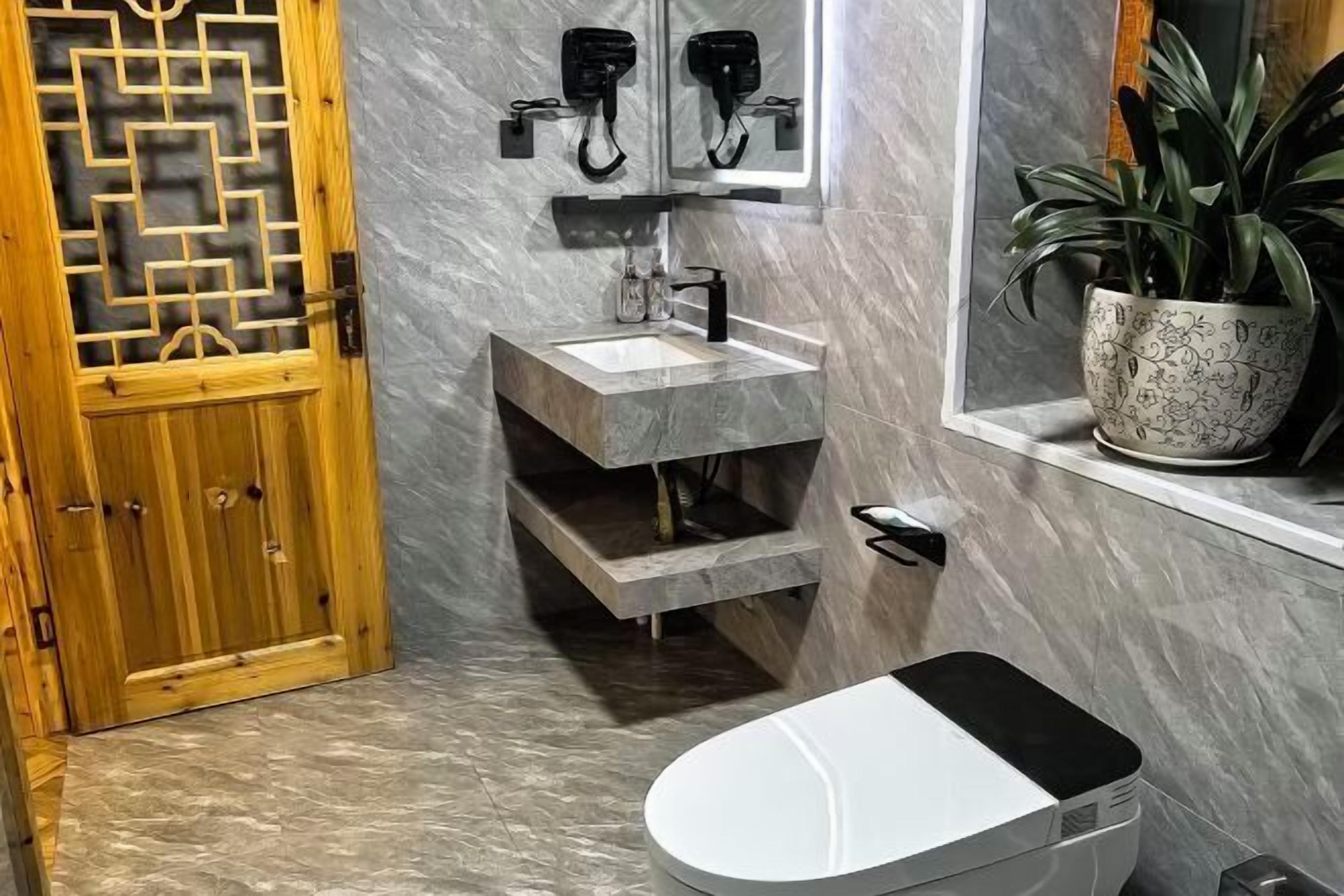 A bathroom with a wooden door, a marble sink, a mirror, a potted plant, and a toilet.