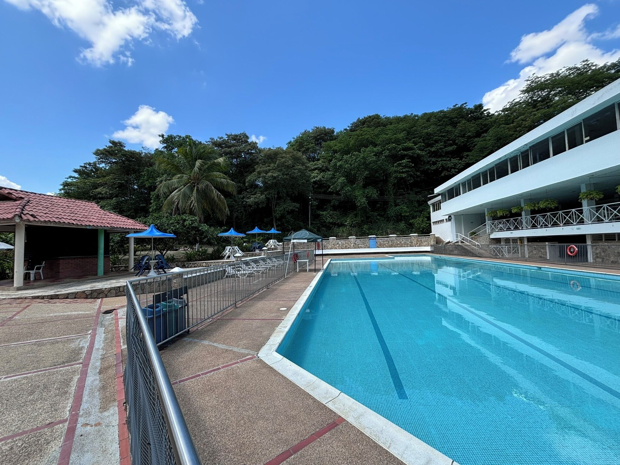 A swimming pool with a fenced area, lounge chairs, and umbrellas.