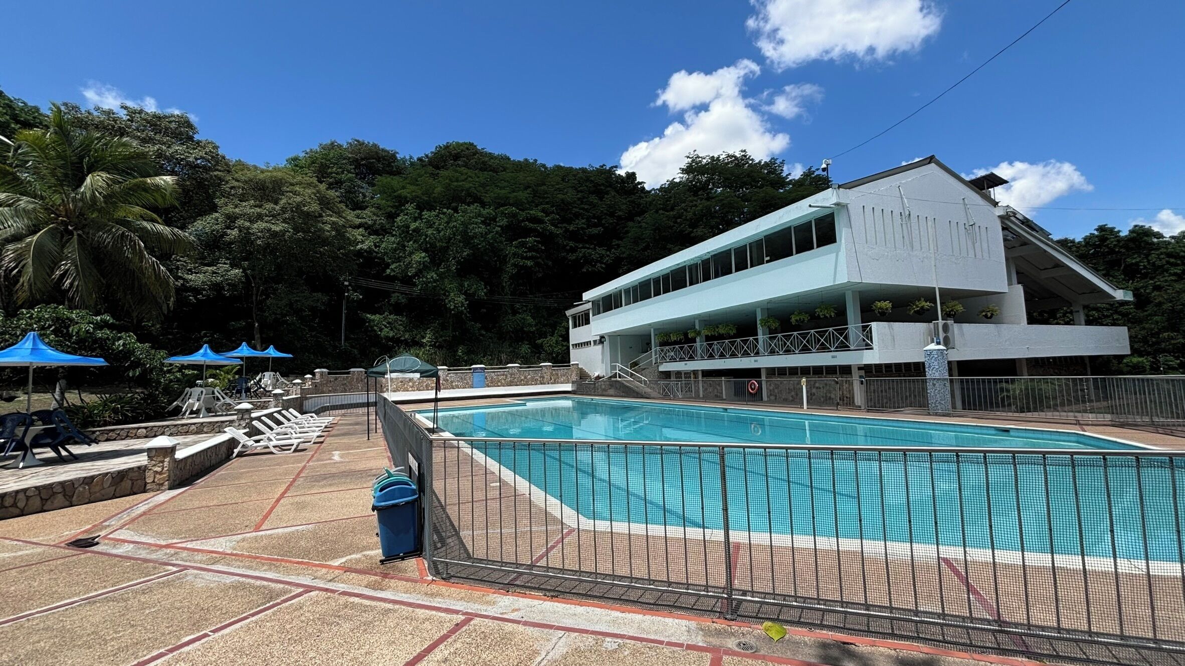 A swimming pool with a white building in the background, surrounded by trees.