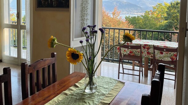 A dining area with a wooden table, a vase with flowers, and a view of mountains and a lake through large windows.
