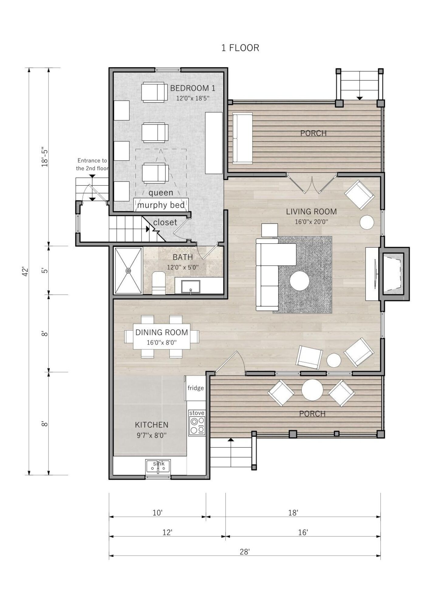 A 1-floor apartment layout with a living room, dining room, kitchen, bathroom, two bedrooms, and a porch.