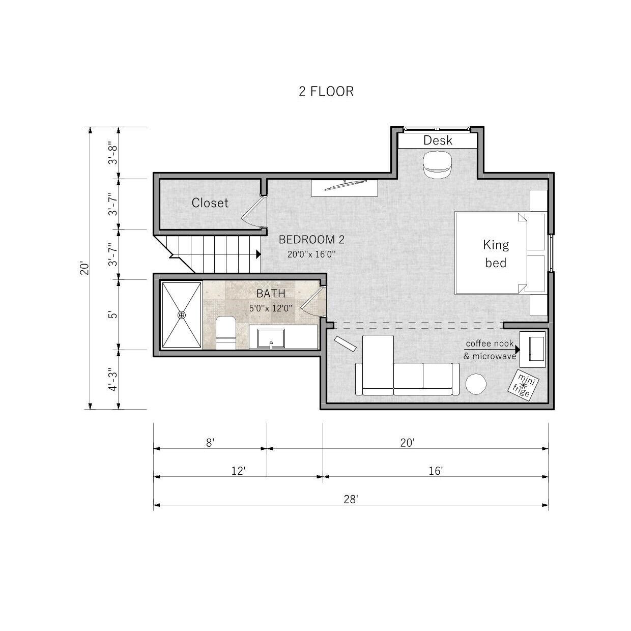 A 2-floor apartment layout with a closet, bedroom, king bed, desk, and a bathroom.