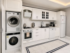 A modern kitchen with a built-in washer, oven, microwave, and refrigerator. - Zümrüt villaları  (Sapanca)