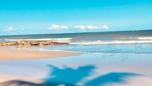Una playa con cielo despejado y sombras de palmeras sobre la arena.
