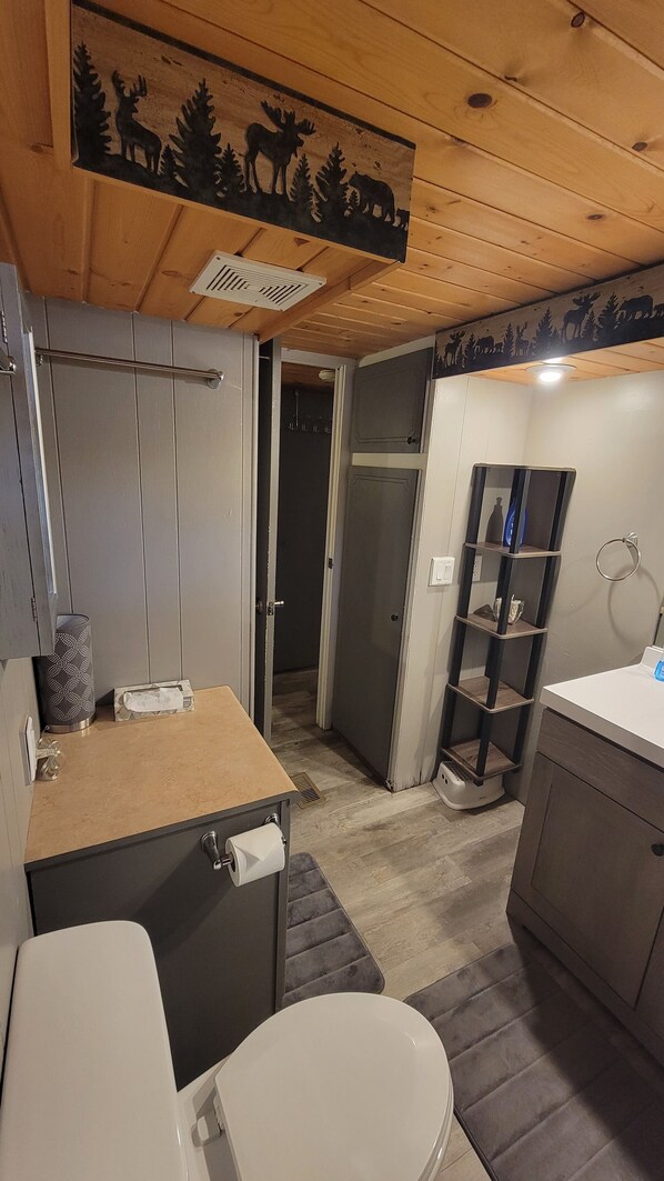 Een kleine badkamer met toilet, wastafel en douchehoek.