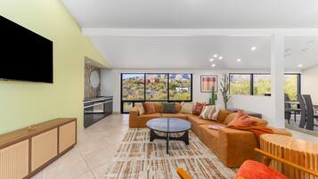 Smart TV, fireplace, books