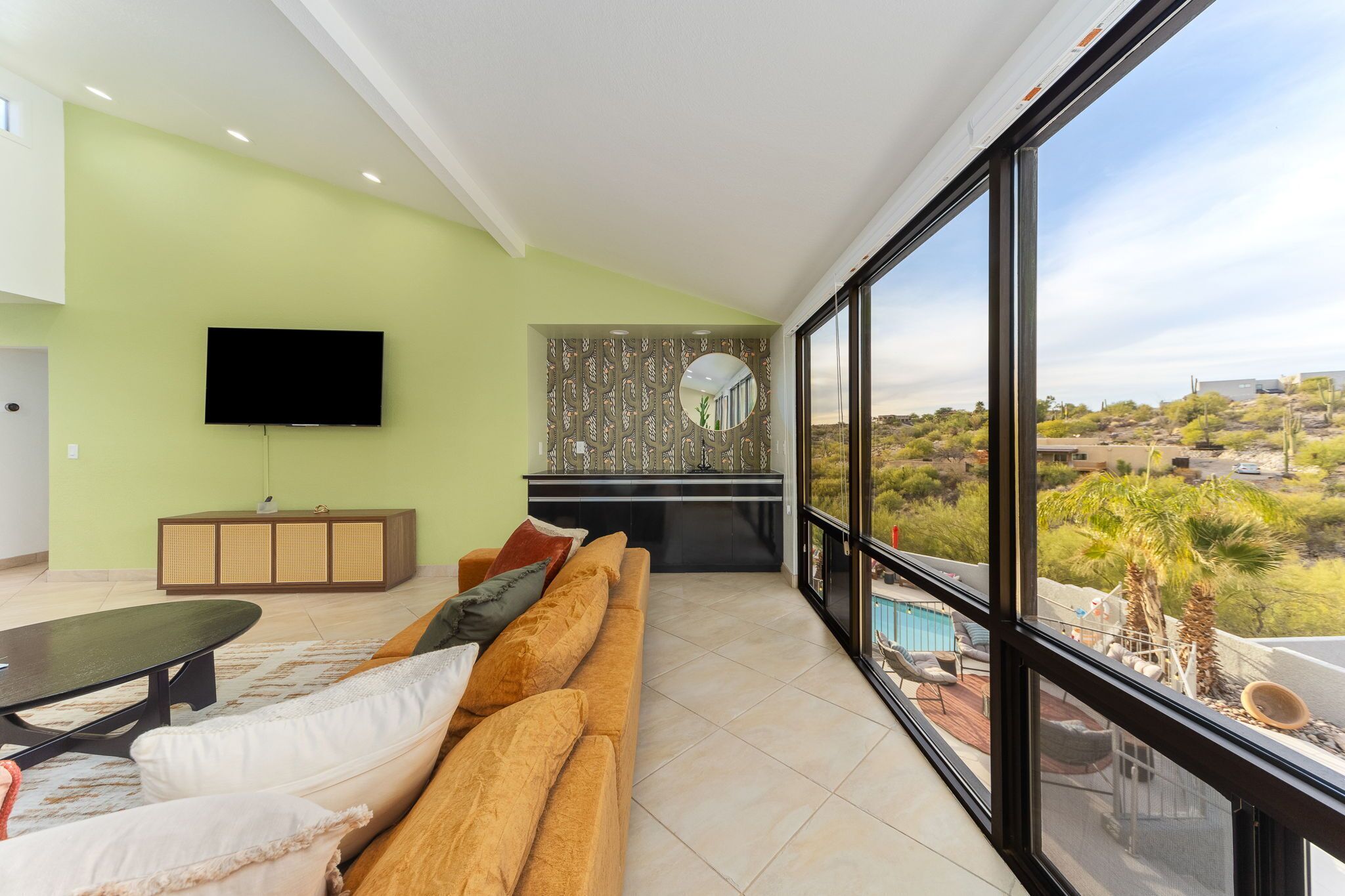 Smart TV, fireplace, books