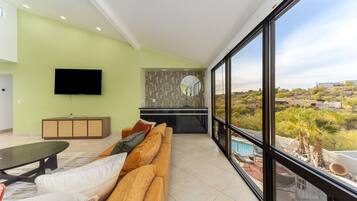 Smart TV, fireplace, books