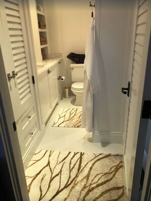 A narrow bathroom with a toilet, a sink, and a shower area. - Luxury Lanikai Oceanfront Home! (Kailua)