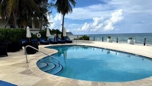Une piscine avec des chaises longues, un palmier et une vue sur l’océan.