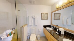 A modern bathroom with a glass shower enclosure, a toilet, a sink with a vanity, and a large mirror.
