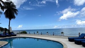 A pool with a view of the ocean, lounge chairs, and a palm tree.