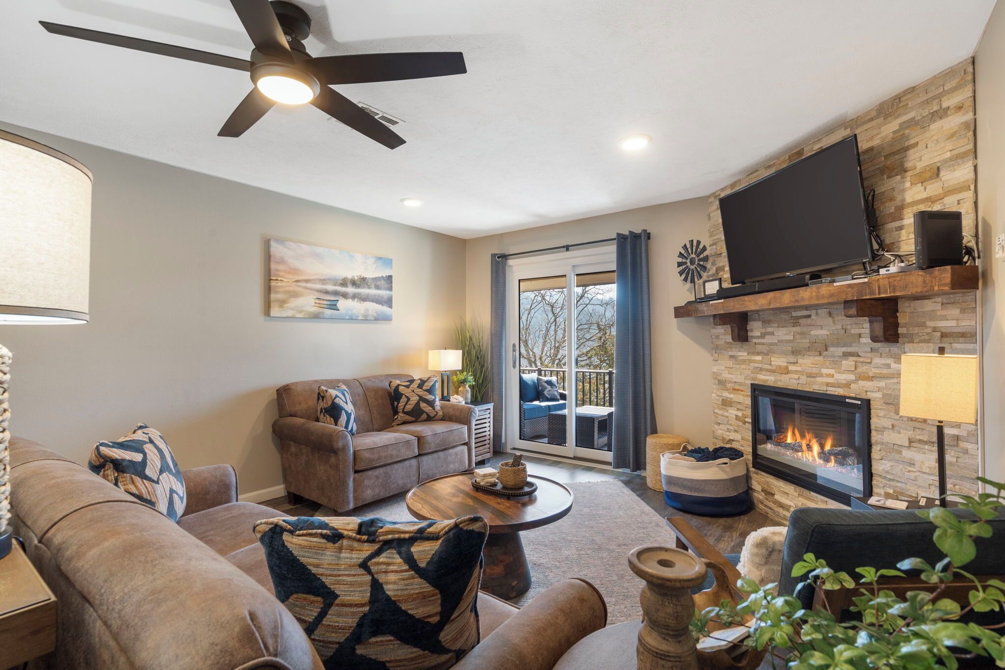 Smart TV, fireplace, books, computer monitors