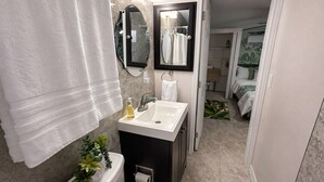 A bathroom with a toilet, sink, mirror, and towel rack. - Guest Suite: Close to Beach & Downtown St. Pete (Pinellas Park)