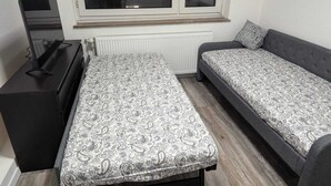 Una camera da letto con un letto, un divano, una TV e un termosifone.