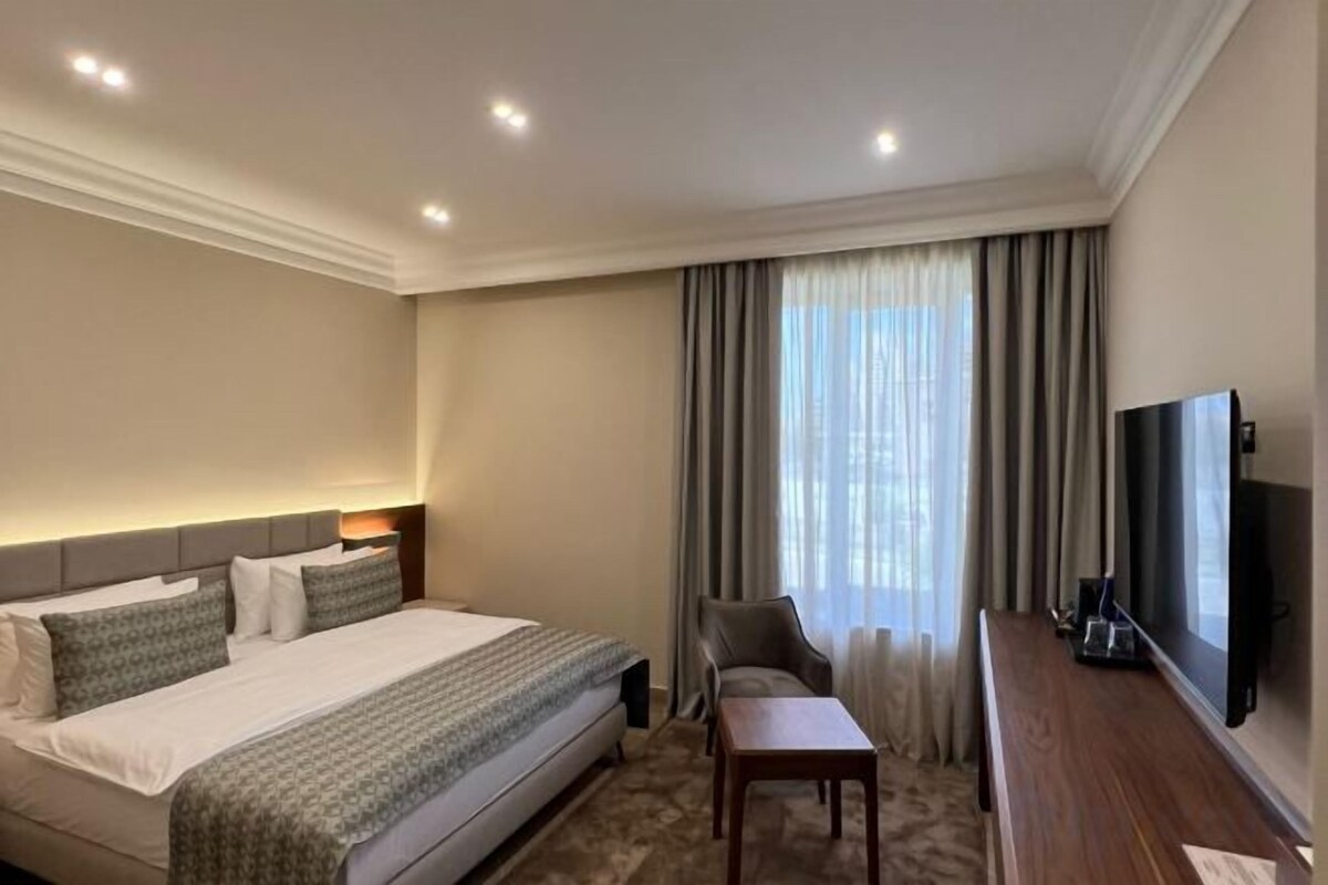 Una habitación de hotel con una cama grande, televisión, escritorio y una silla.