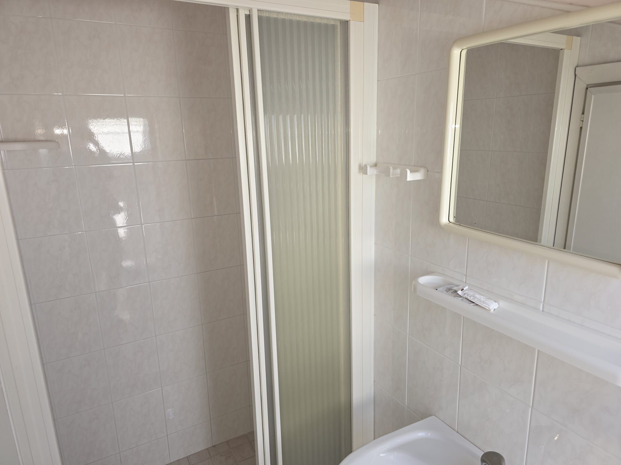 A bathroom with a shower, a toilet, and a mirror.
