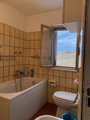 A bathroom with a bathtub, toilet, and a window with a view of a landscape.