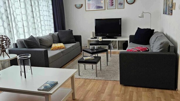 A modern living room with two sofas, a TV, and a coffee table.
