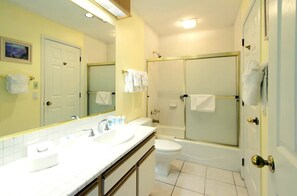 Hair dryer, bidet, towels, soap