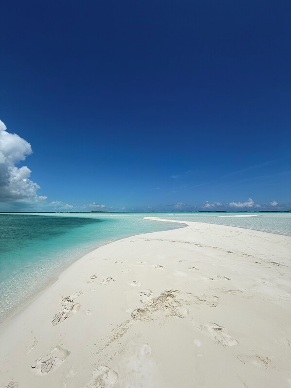 On the beach, sun loungers, beach towels