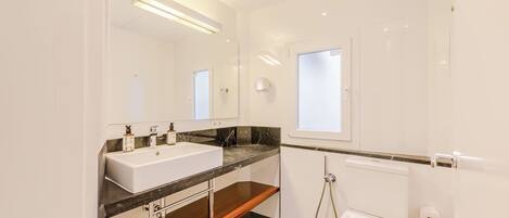 A modern bathroom with a double sink, a toilet, and a shower.