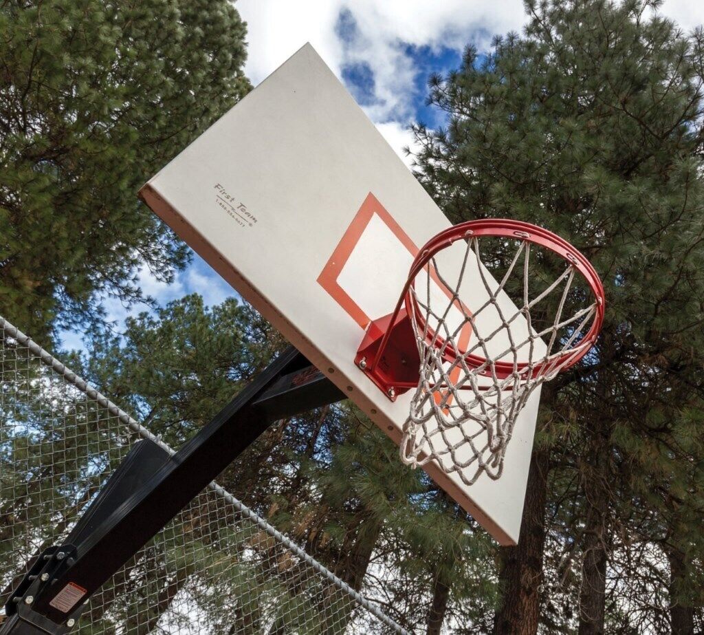 A basketball hoop with a backboard, set against a backdrop of trees and a clear sky.