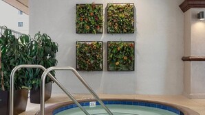 Un'area benessere con vasca idromassaggio, ringhiere metalliche e quattro fioriere quadrate con piante sulla parete.