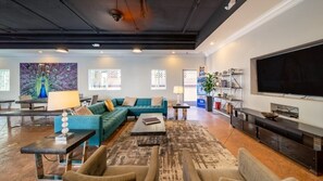 TV, fireplace, video games, music library