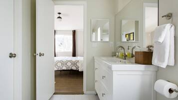 Hair dryer, towels, soap, shampoo