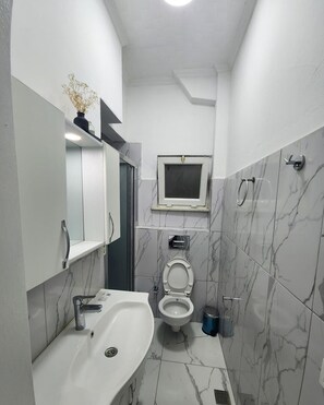 Family Apartment | Bathroom | Shower, free toiletries, hair dryer, slippers