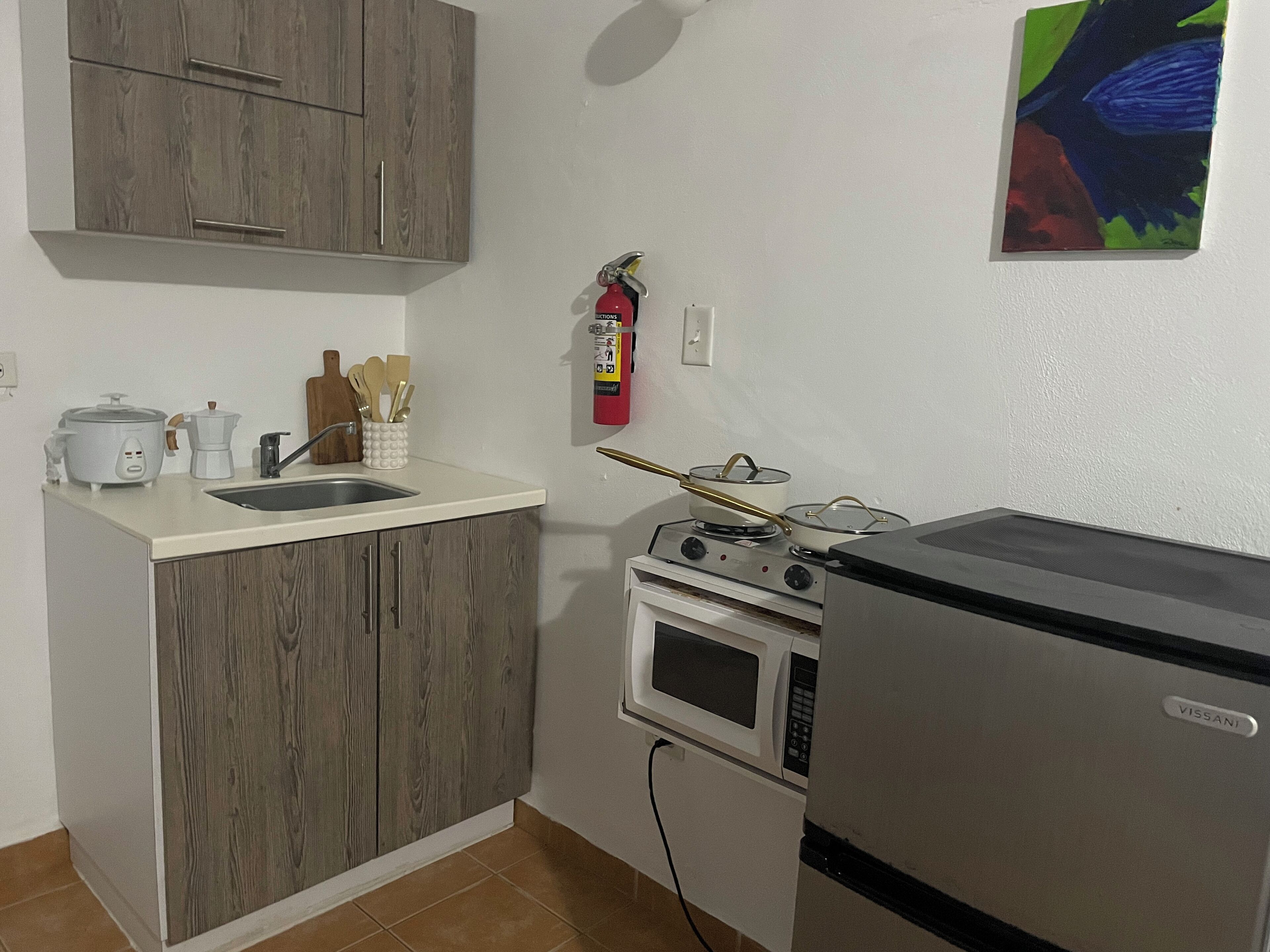 A compact kitchen with wooden cabinets, a sink, a stove, and a refrigerator.