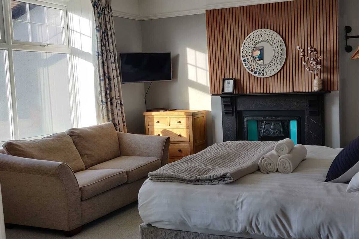 A bedroom with a bed, a sofa, a TV, a fireplace, and a coat rack.
