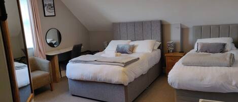 A bedroom with two beds, a desk, and a chair.