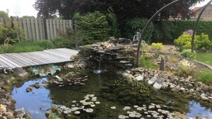 Un étang avec des rochers, des nénuphars et une petite cascade.