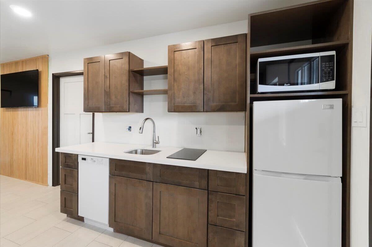 Kühlschrank, Mikrowelle, Herdplatte, Geschirrspüler