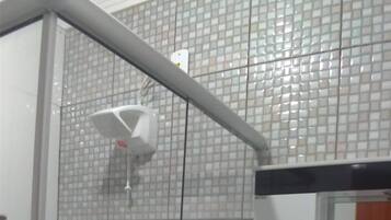 Shower, towels, toilet paper