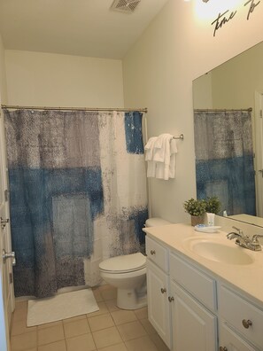 Hair dryer, towels, soap, shampoo