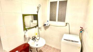Hair dryer, towels, soap, toilet paper